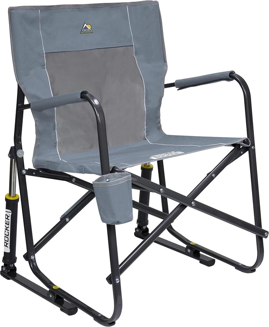 Outdoor Freestyle Rocker Camping Chair | Portable Folding Rocking Chair with Solid, Durable Armrests, Drink Holder & Comfortable Backrest — Grey