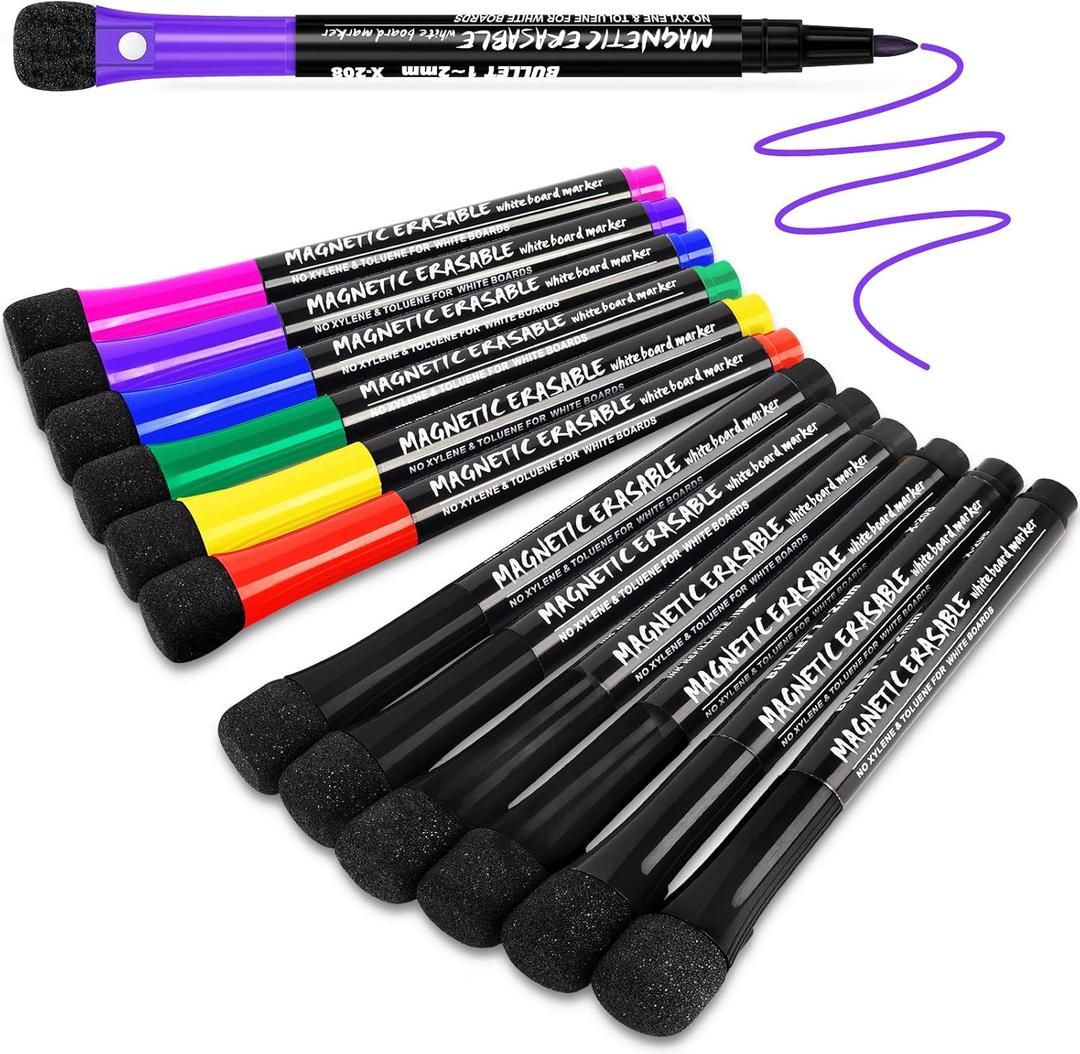 Magnetic Dry Erase Markers Fine Tip, 7 Colors (12 Pack) White Board Markers Dry Erase Marker with Eraser Cap, Low Odor Whiteboard Markers Thin Whiteboard Markers for Office Supplies