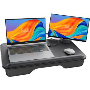 SAIJI Laptop Lap Desk - Fits Up to 17" Laptops, Lightweight Lap Tray Table Stand with Soft Leather Wrist Pad, External Monitor Holder, Lap Desk with Cushion for Home Office Working/Gaming On Couch (Deep Black)