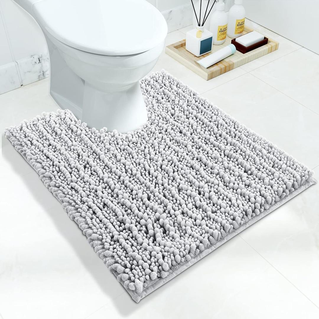 Yimobra Toilet Rugs U Shaped 24x20, Soft Comfortable Absorbent Chenille Toilet Mat for Bathroom Floor, Non-Slip Contour Bathroom Rugs for Toilet, Dry Quickly Machine Washable, Silver
