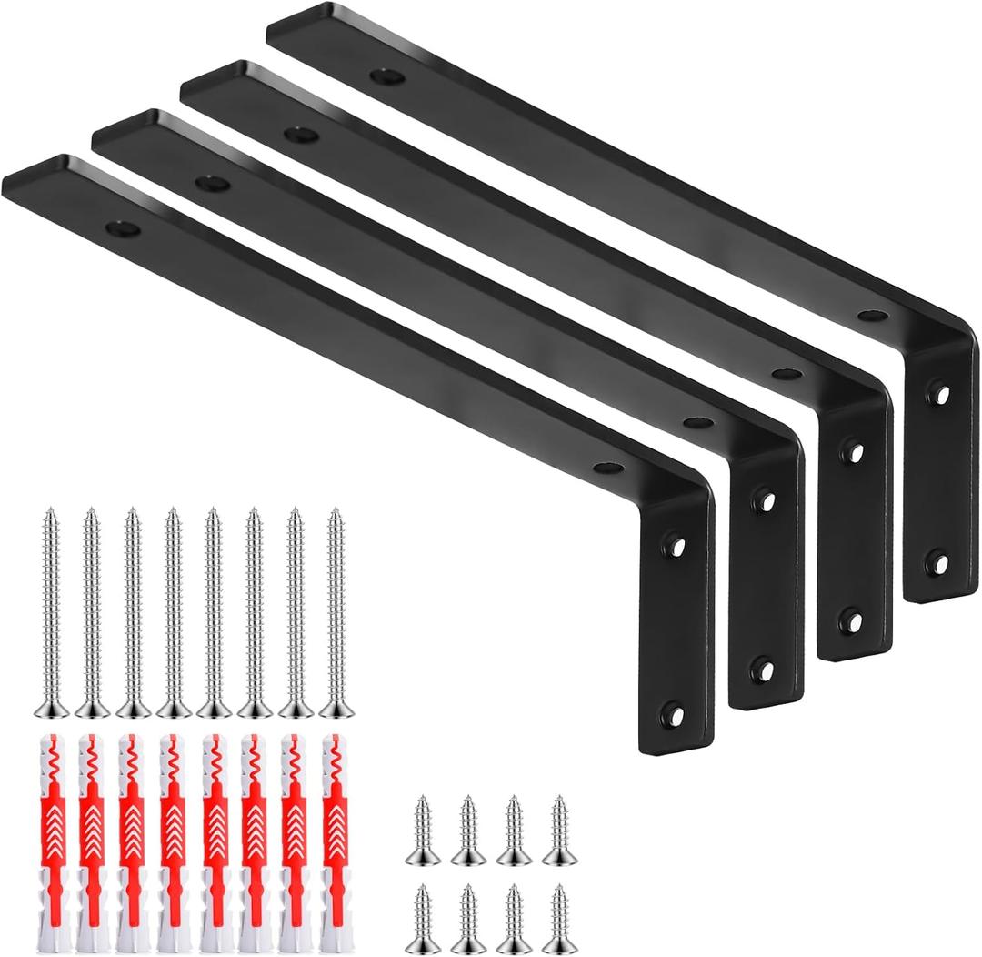 L Bracket 4 Pack, L 10" x H 3", 5mm Thick Heavy Duty L Shelf Bracket, Metal Floating Shelf Brackets with Screws & Fischer Anchors for Kitchen/Bedroom/Outdoor (10 inch)