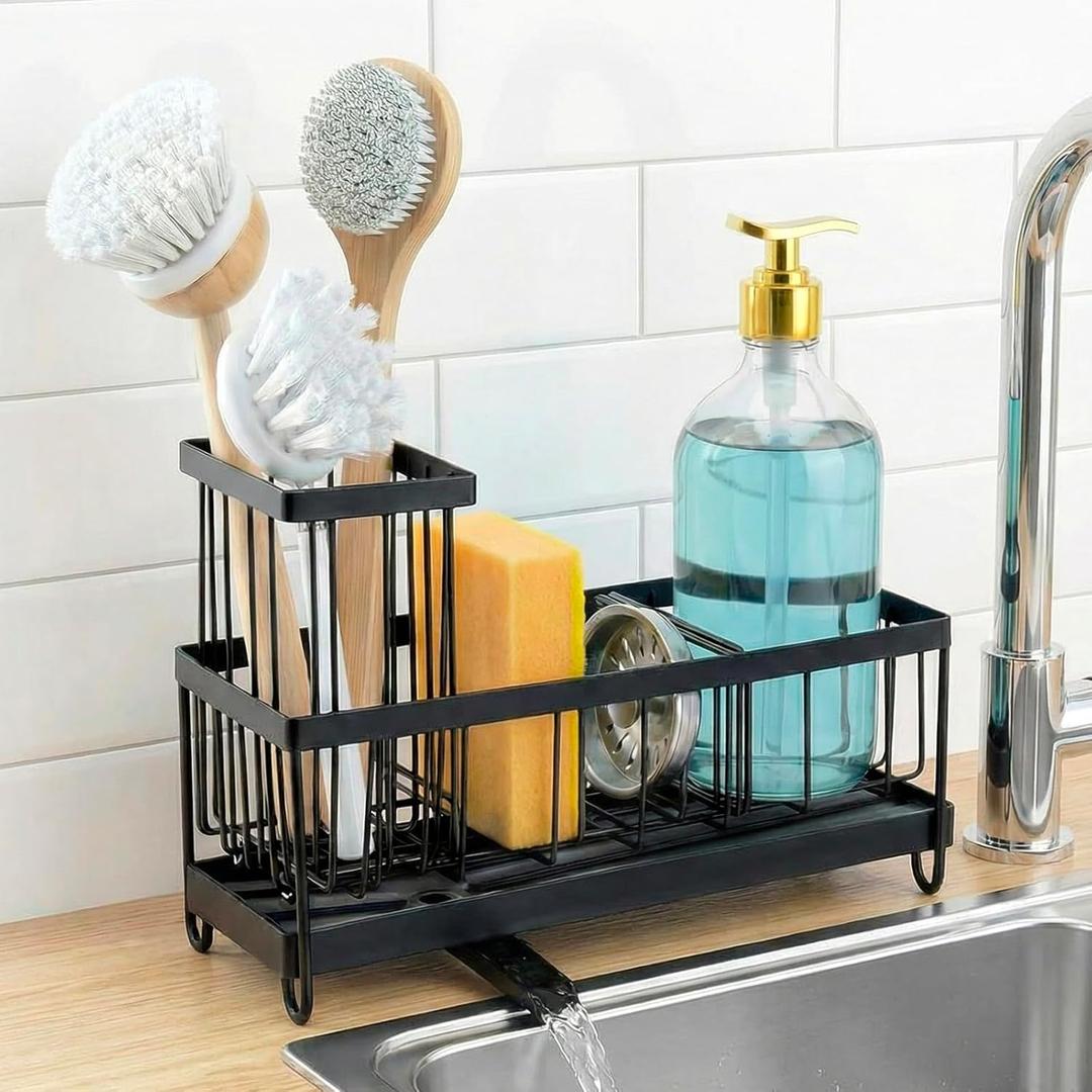 MyGift Modern Matte Black Metal Wire Sponge and Brush Holder Basket with Removable Drainage Tray  Kitchen Sink Caddy Organizer