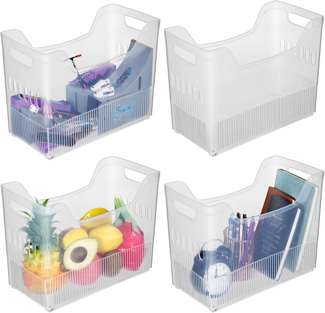 4 Pcs Plastic Freezer Organizer Bins with Wheel Tall Narrow Kitchen Pantry Organizer Snack Storage Containers for Office Refrigerator(10 x 12.5 x 6.7 Inch)