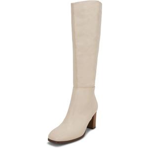 Coutgo Womens Knee High Boots Chunky Block Heels Square Toe Side Zipper Faux Suede Fall Winter Comfort Boot (7, Cream)