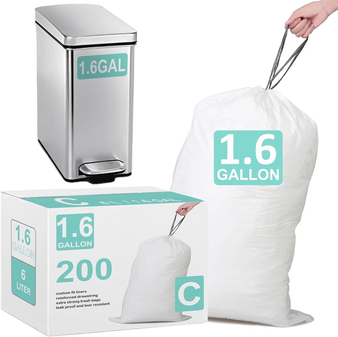 1.6 Gallon Code C 200 Count Heavy Duty Trash Bags Perfect Fit 10-12 Liter with Reinforced Drawstring Compatible with simpleman Code C White Garbage Liners Leak-Proof & Tear Resistant