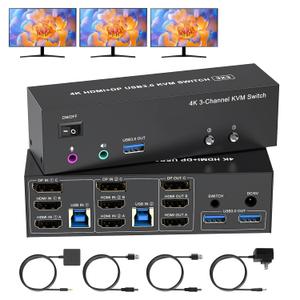 4K KVM Switch 3 Monitors 2 Computers Triple Monitor Displayport and 2 HDMI USB 3.0 KVM Switches 4K@60Hz,Support Extended/Mirror Mode Share 3 USB 3.0 Ports with Desktop Controller, Adapter Included