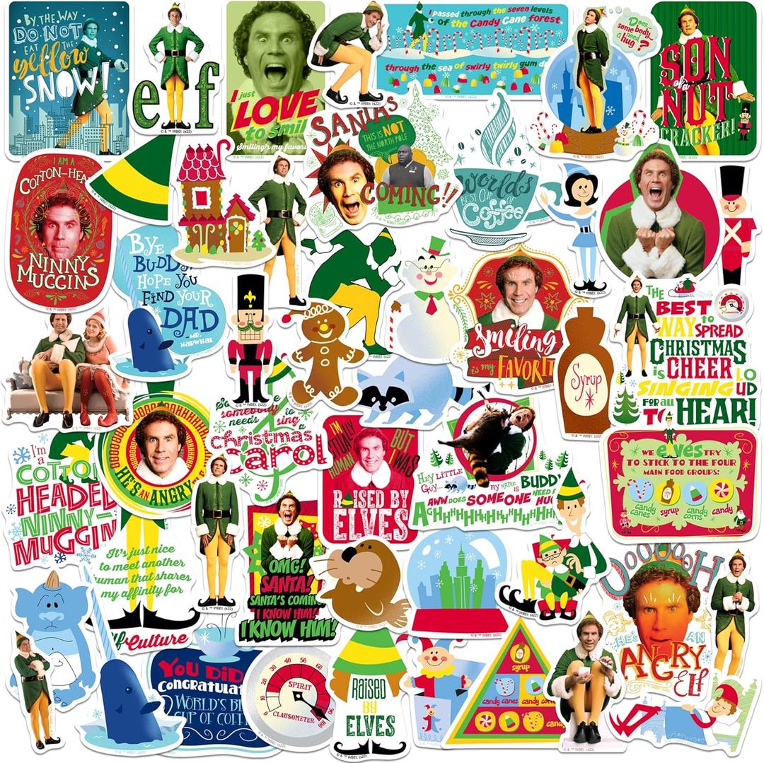 Buddy The Elf Stickers Vinyl Large Deluxe Sticker Variety Pack - Laptop, Water Bottle, Scrapbooking, Tablet, Skateboard, Indoor/Outdoor - Set of 50