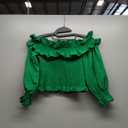 Floerns Women's Ruffle Trim Off Shoulder Flounce Sleeve Shirred Blouse Top (Large, Green)
