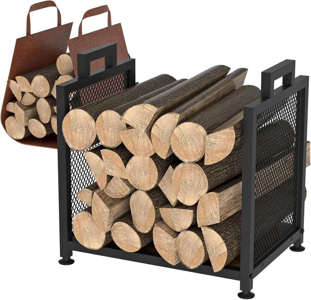 VyGrow Firewood Rack for Indoor, Heavy Duty Fire Wood Racks Holder, 17.32" Metal Wood Storage Log Holder with Leather Carrier, Small Firewood Stand for Fireplace Patio Deck, Black