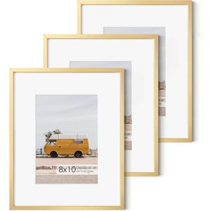 Fun Memories 8x10 Inch Metal Picture Frame - Aluminum Photo Frames - 5x7 Mat - Ideal for Wall or Tabletop Display - Wall Hook Hanging Hardware Included - Set of 3 - Glod