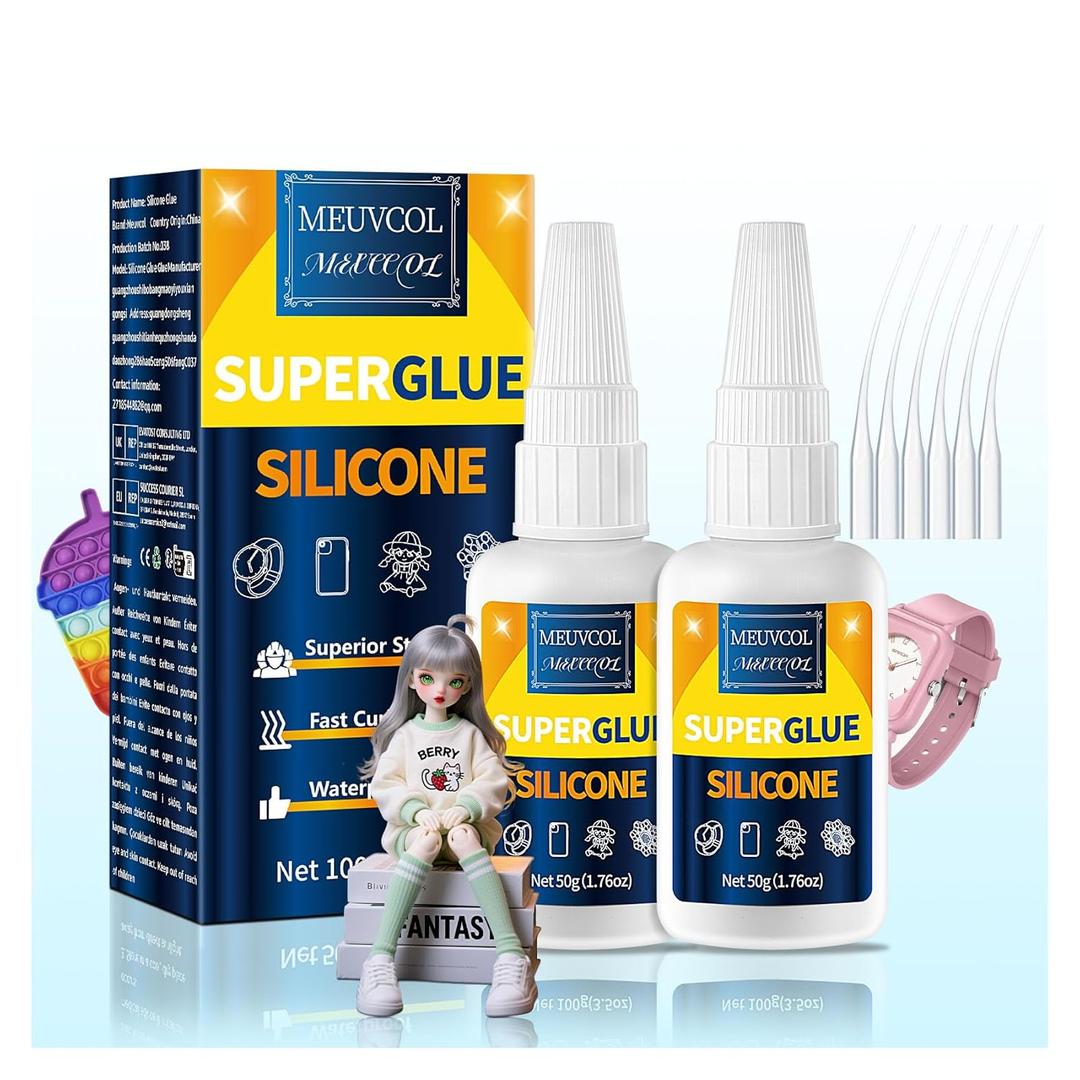 Silicone Glue 100g - Fast-Bonding & Waterproof Silicone Adhesive for Silicon Rubber, Model, Toys, TPU, TPR, TPE - Clear Liquid Silicone Adhesive for Crafts, 6 Applicator Nozzles