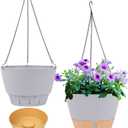 QCQHDU 2 Pack Hanging Planters for Indoor Outdoor Plants, 8 Inch Hanging Baskets Flower Pots with Reservoir Tray & Visible Water-Level (Light Grey)