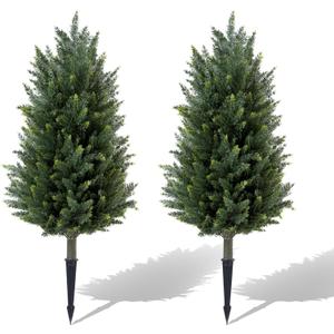 Pair Artificial Cedar Topiary Trees, 3ft UV-Resistant Faux Cypress shrubs w/Ground Spikes (Including Lights),Tall Evergreen Decorative Plants for Outdoor & Indoor Porch, Patio, and Garden
