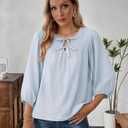 Womens Tops 3/4 Puff Sleeve Bow Tie Front Spring Easter Shirts Dressy Casual Elegant Flowy Loose Babydoll Blouses (Blue, L)