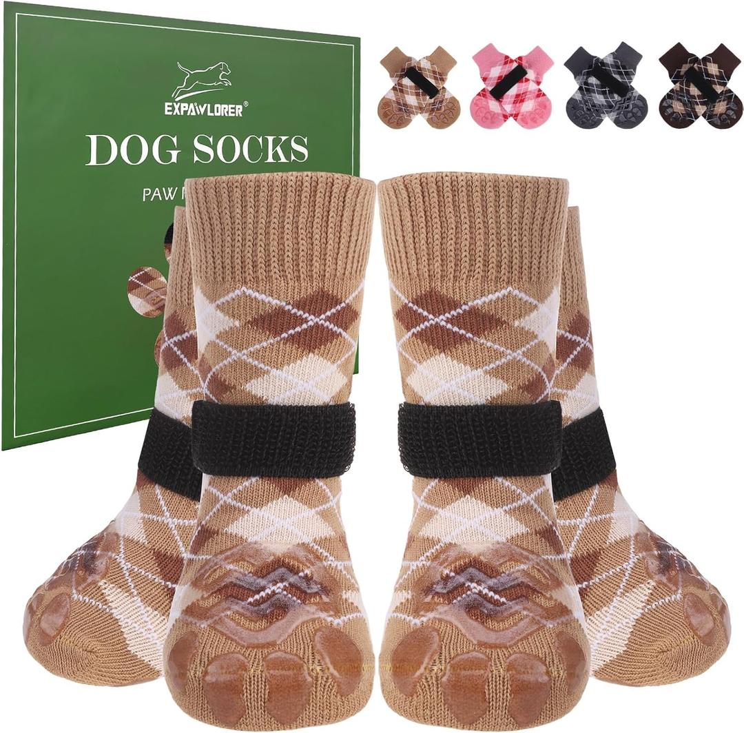 EXPAWLORER Dog Socks to Prevent Licking Paws,4 Pcs Double Sided Anti Slip Dog Booties for Winter,Dogs Boots & Paw Protectors Dog Shoes for Small Medium Large Senior Dogs,British Style,Khaki M