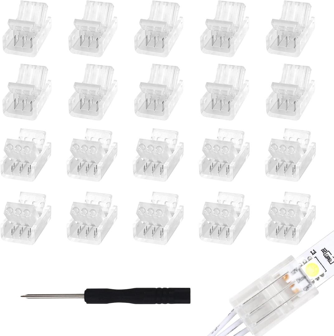 20Pcs 3 Pin 8mm LED Strip Connectors Gapless Solderless Strip to Wire Connector for 8mm Waterproof and Non-Waterproof WS2811 WS2812B IC RGB LED Strip Lights