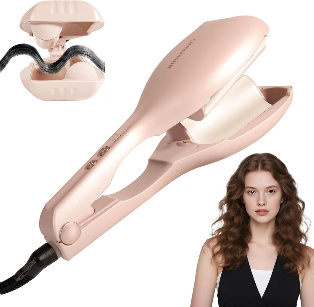 Beach Waves Curling Wand & Crimper - 1.45" Dual Barrel Ceramic Waver with 33M Ions, Dual Voltage, Anti-Scald Design for Effortless Salon Curls (Pink)