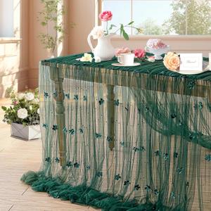 LuoluoHouse Pearl Tulle Tablecloth 10ft Emerald Green Flower Pearl Table Runner Sheer Gauze Fabric Wedding Lace Table Linen for Arch Bridal Shower Veil Sweetheart St.Patricks Table Decorations