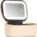 Mini Makeup Bag with Led Mirror,Small Travel Make up Bag 3 Light Modes Adjustable Brightness, for Women Organizer Cosmetic Bag, Portable Travel Train Toiletry Bag, for Pool Parties Work Touch-Ups (Beige)