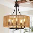 17.8" Black Rattan Chandelier, 5-Light Wicker Drum Light Fixture, Medium