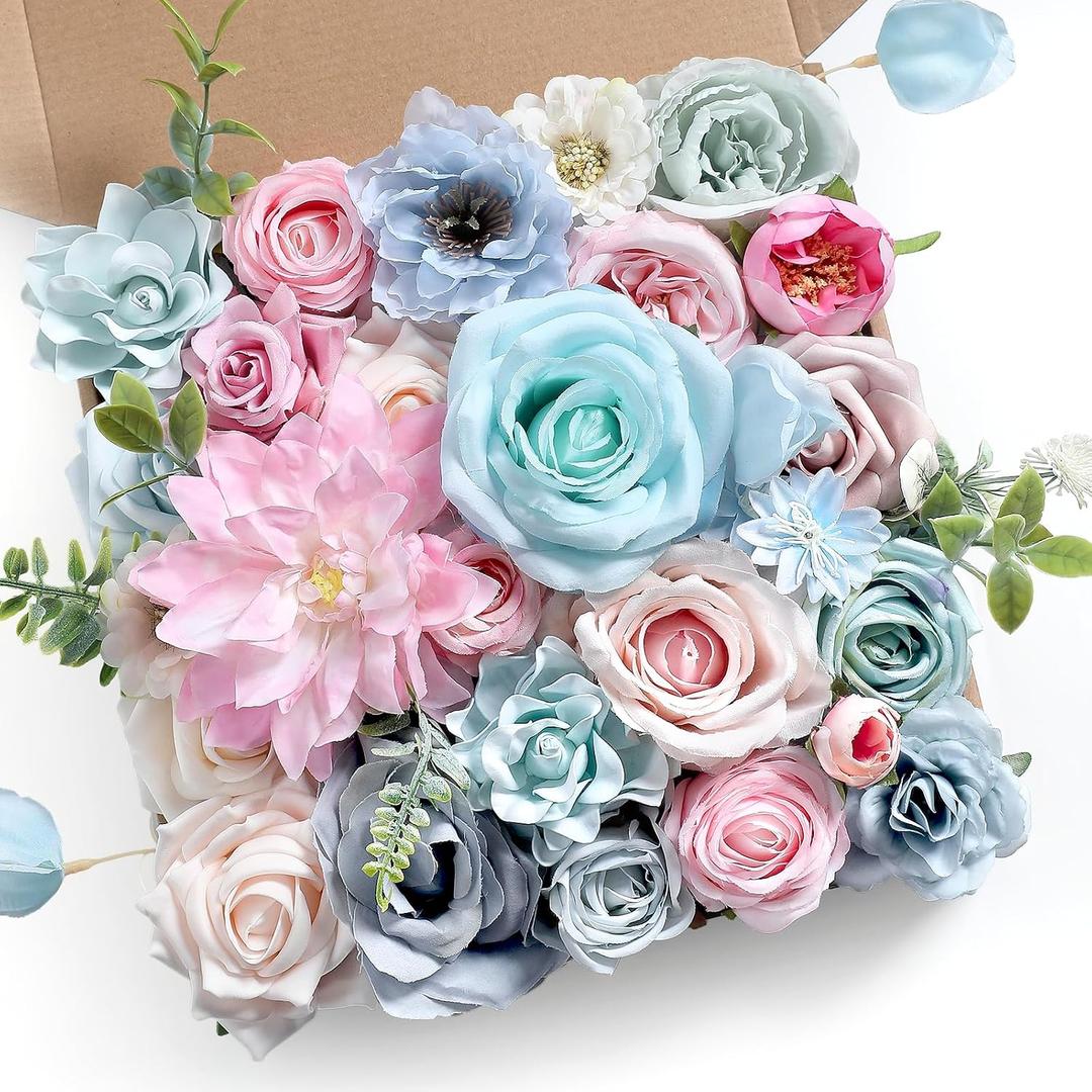 Artificial Flowers Roses Fake Flowers with Stems Blue Pink Artificial Flowers for DIY Bridal Bouquets Faux Flowers Centerpieces for Table Home Decor