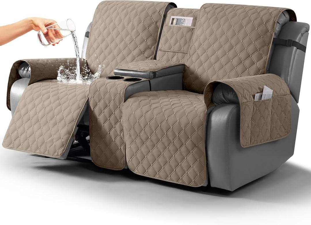 TAOCOCO 100% Waterproof Loveseat Recliner Cover with Center Console, Reversible Reclining Couch Cover for 2 Seats with Leg Straps, Washable Split Sofa Cover Protector for Pets Kids (Khaki)