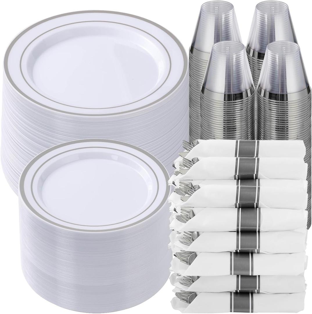 Goodluck 700 Piece Silver Plastic Dinnerware Set for 100 Guests, Disposable Plates for Party, Include: 100 Dinner Plates, 100 Dessert Plates, 100 Pre Rolled Napkins with Silverware, 100 Cups