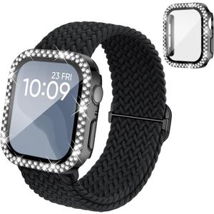 Braided Stretchy Band Compatible for Apple Watch Bands for Women and Case 40mm 41mm 42mm 44mm 45mm 46mm, Solace Solo Loop Bling Diamond Screen Protector Cover for iWatch Series 11 10 9 8 7 SE 6 5 4 (Black)