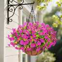 Yastouay Artificial Hanging Flowers for Outdoors, Fake Hanging Plants with Baskets, UV Resistant Hanging Flowers Fake Flowers for Outdoors Porch Patio Garden Spring Summer Decor(Purple Red)