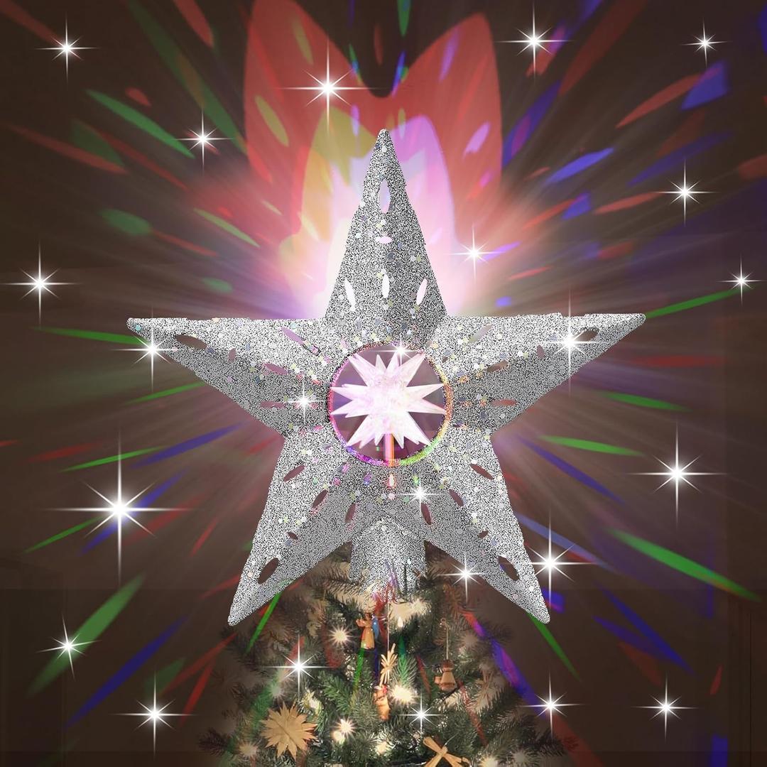 2024 New Christmas Tree Topper Lighted Star, Christmas Tree Decorations Topper LED Projection Light, 3D Glitter Dynamic Projection for Xmas Party Holiday Decorations (Silver)