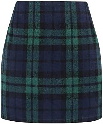 Kinghua Womens Wool Plaid Mini Skirt Fall Winter High Waisted Bodycon Pencil Skirt XL