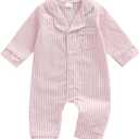 Kuriozud Baby Girl Boy Romper Pajamas Fall Winter Long Sleeve Button Down Pjs Newborn Infant Lapel Sleepwear Nightwear (6-12 Months, Striped Pink)