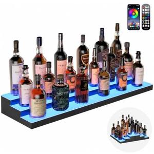 LED Illuminated Bar Bottle Display Rack, 3-Tier 32" Multi-Color Whiskey Rack, Tabletop Wine Rack Equipped with RF Remote Control and App Control Ideal Choice for Home Bar, Whiskey Lovers Gift