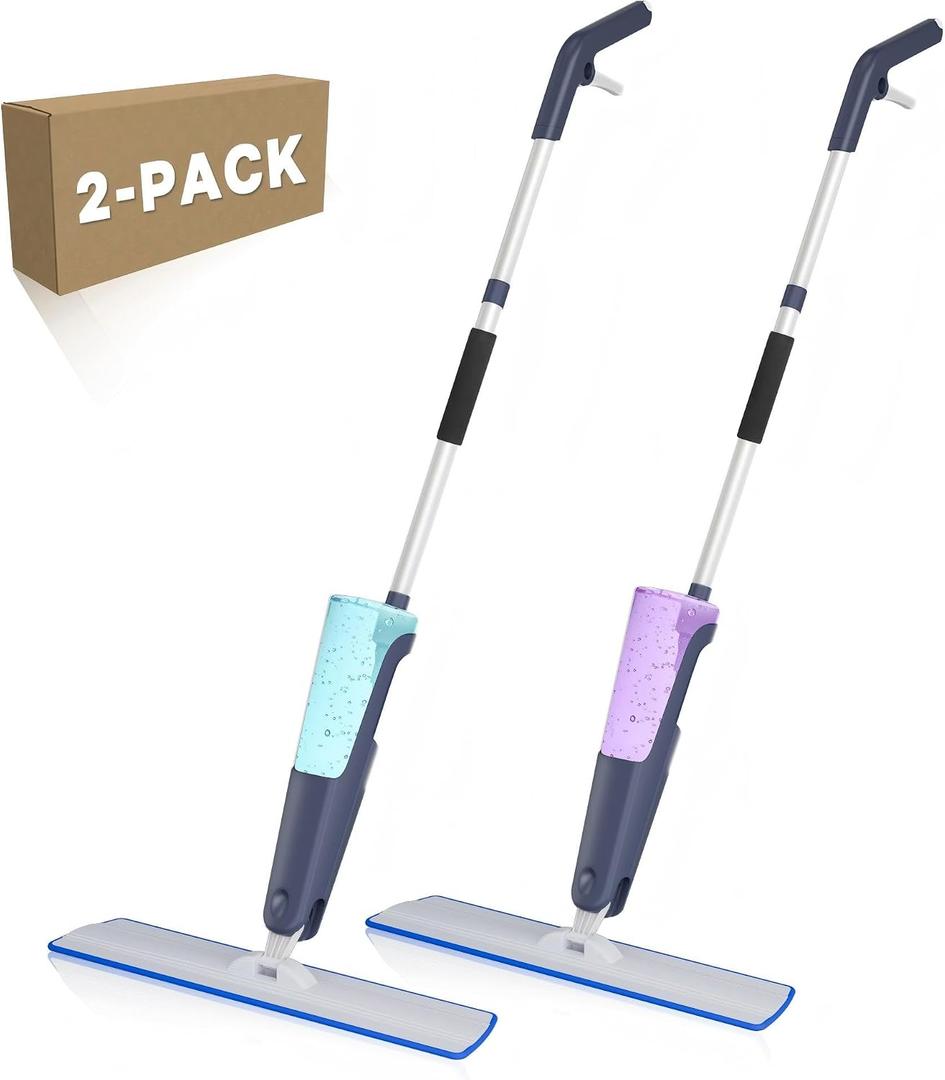 Spray Mops for Floor Cleaning, Commercial Dust Mops, Blue, 2-Pack | 28oz Big Tank, Reinforced Panel 24", Professional Microfiber, Washable 2 Pads, 360 Swivel Head, Adjustable Handle
