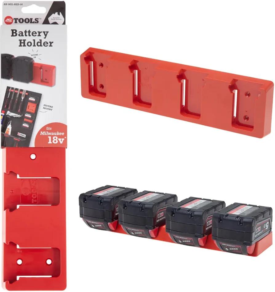 Tools Wall Mount Battery Holder for Milwaukee M18 18V – Heavy-Duty ABS Storage Rack, UV-Stabilized, Easy 5-Screw Install, Red Organizer for Workshop, Van, or Trailer