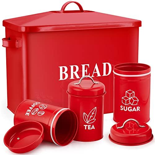 Red Bread Box with Canister Sets for Kitchen Countertop, E-far Metal Bread Bin Storage Container Holder for Modern Farmhouse Decor, Vintage Style & Extra Large - Holds 2+ Loaves Sugar Coffee Tea