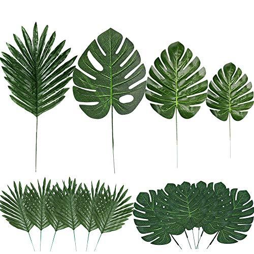 13 Pieces 4 Kinds Artificial Palm Leaves with Faux Stems Tropical Plant Leaves Monstera Leaves Safari Leaves for Hawaiian Luau Party Jungle Beach Table Leave Decorations