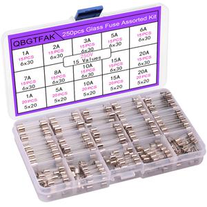 15 Values 250 pcs Fast-Blow Glass Fuses Assortment Kit 6x30mm 250V 1A, 2A, 3A, 5A, 6A, 7A, 8A, 10A, 15A,20A, 5x20mm, 250V 1A, 5A, 10A, 15A, 20A amp packag in a Clear Plastic Box