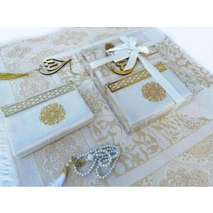 SAIKA Prayer Rug Set with Thanks Card, Full Arabic Quran Prayer Rug, Beads and Car Hanger Set, Ramadan Eid Wedding Birthday Graduation Mother's Day (Cream)