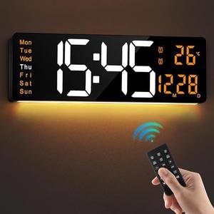 LEIKE 16" Large Digital Wall Clock Timer, Remote Control, 2 Alarms, LED Display, Auto DST, Temperature, Battery Operated Wall Clock for Living Room, Bedroom, Desk, Mounted Decor(Black Clock, White Orange LED)