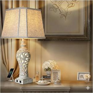 32" Tall Table Lamps Pack of 1 - Bedside Lamp with Fabric Shades - for Bedroom and Living Room with USB and Nightlight - Perfect for Nightstands and Bedrooms - Bulbs Included