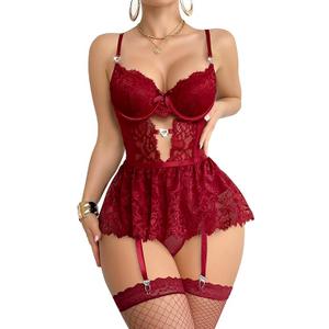 Stocking Underwire Push Up Rhinestones Heart Floral Lace Mesh Sheer Garter Bodysuit Skirt Lingerie Set 3 Piece No Size