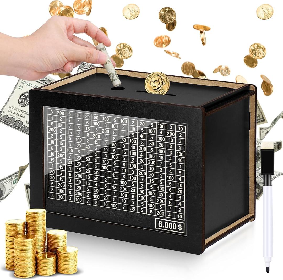 Wooden Money Box for Cash 8000, Plus Size Savings Challenge, Reusable Kakeibo Money Saving Vault for Adults Kids Boys Girls (8000 Dollars)