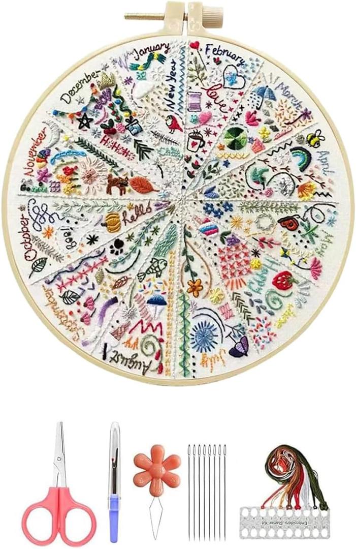 Hzkokon Embroidery Kit for Beginners Adults Practice of All Season Hand Embroidery Kit Includes Stamped Flower Pattern, 7.8-Inch Hoop, Color Threads,Tools & Follow Instruction DIY Hand Gift for Adults