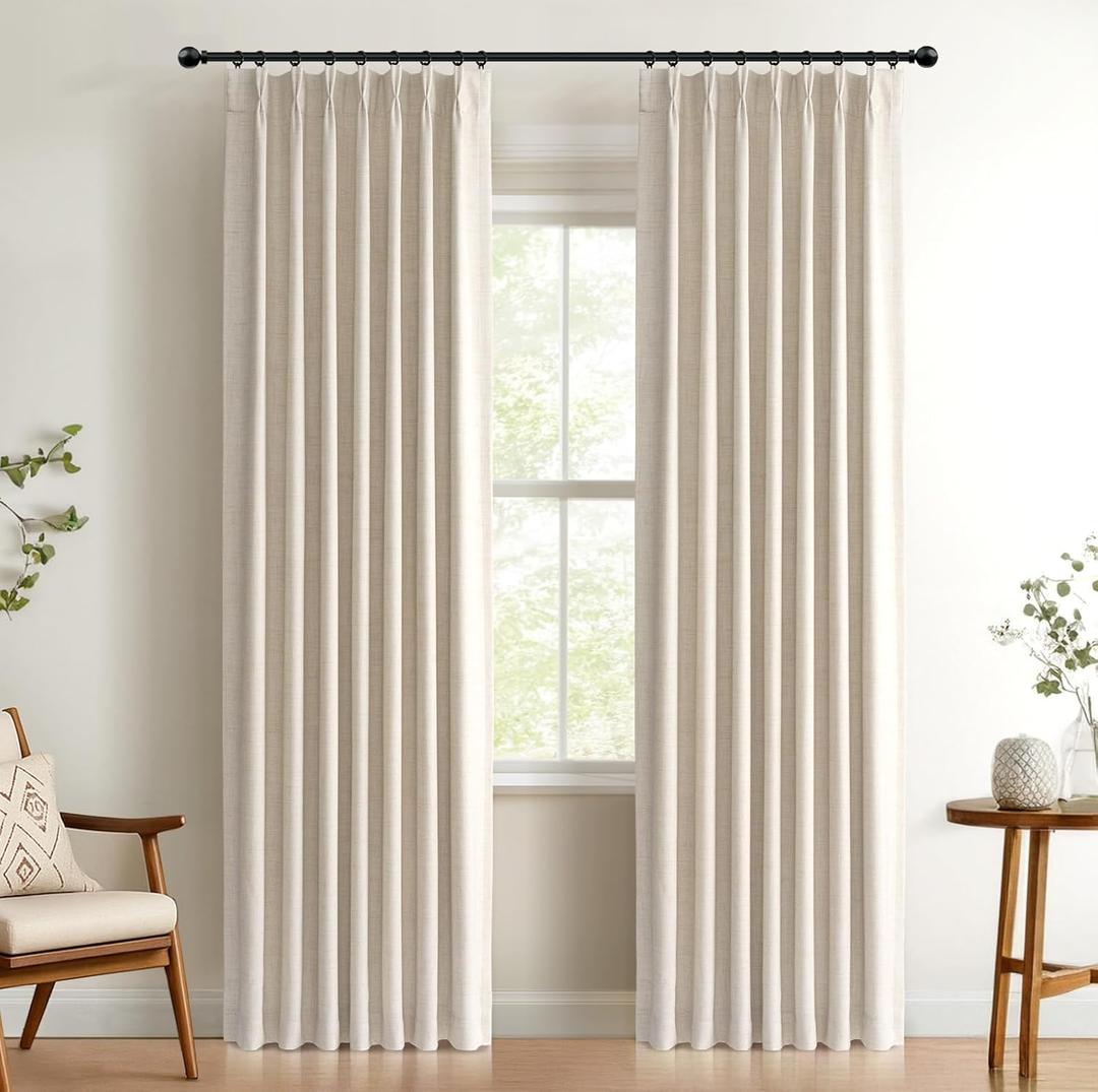 100% Blackout Shield Linen Pinch Pleated Curtains Blackout, Pleated Drapes with Hooks 84 Inch Long 2 Panels Set, Linen Blackout Curtains for Bedroom & Living Room, 40" W x 84" L, Cream