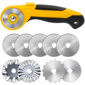 45mm Rotary Cutter with 9pcs Extra Blades Automatic Fabric Roller Cutter Perforator Crochet Edge Pinking Rotary Blades for Quilting, Sewing, Crafting