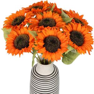 IPOPU Artificial Sunflowers 20" Sunflowers Artificial Flowers 8PCS Long Stem Sunflowers with Leaves Large Silk Fake Sunflowers Decoration for Outdoor Home Party Wedding DIY Decor(Orange)