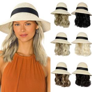 Sun Hat with Hair Extensions Hat Wig UPF 50+ Foldable Wide Brim Straw Beach Hat Attached 9" Wavy Hairpiece Synthetic for Women Summer Dark Black