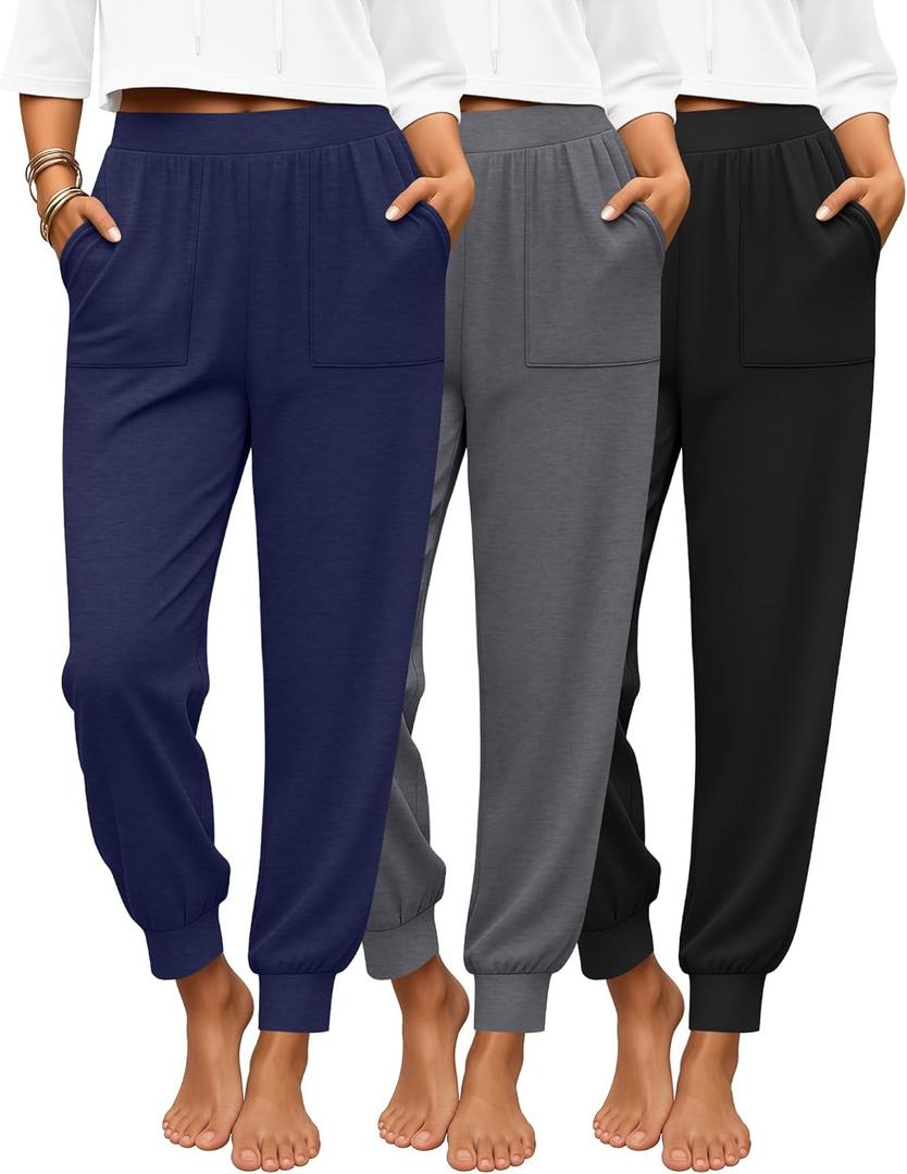 3 Pack Women's Lounge Joggers High Waist Yoga Pants Athletic Workout Pajama Comfy Tapered Sweatpants with Pockets (XX-Large, Black, Dark Gray, Dark Blue)