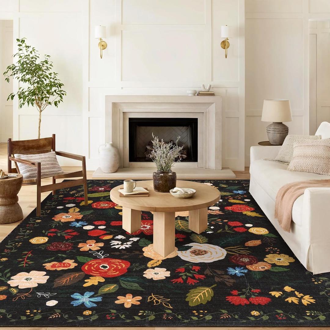 U'Artlines 6x9ft Vintage Floral Area Rug Machine Washable Ultra Soft Low Pile Non Slip Non Shedding Accent Floor Carpet for Living Room, Bedroom, Dining Room, Office (Black Green)